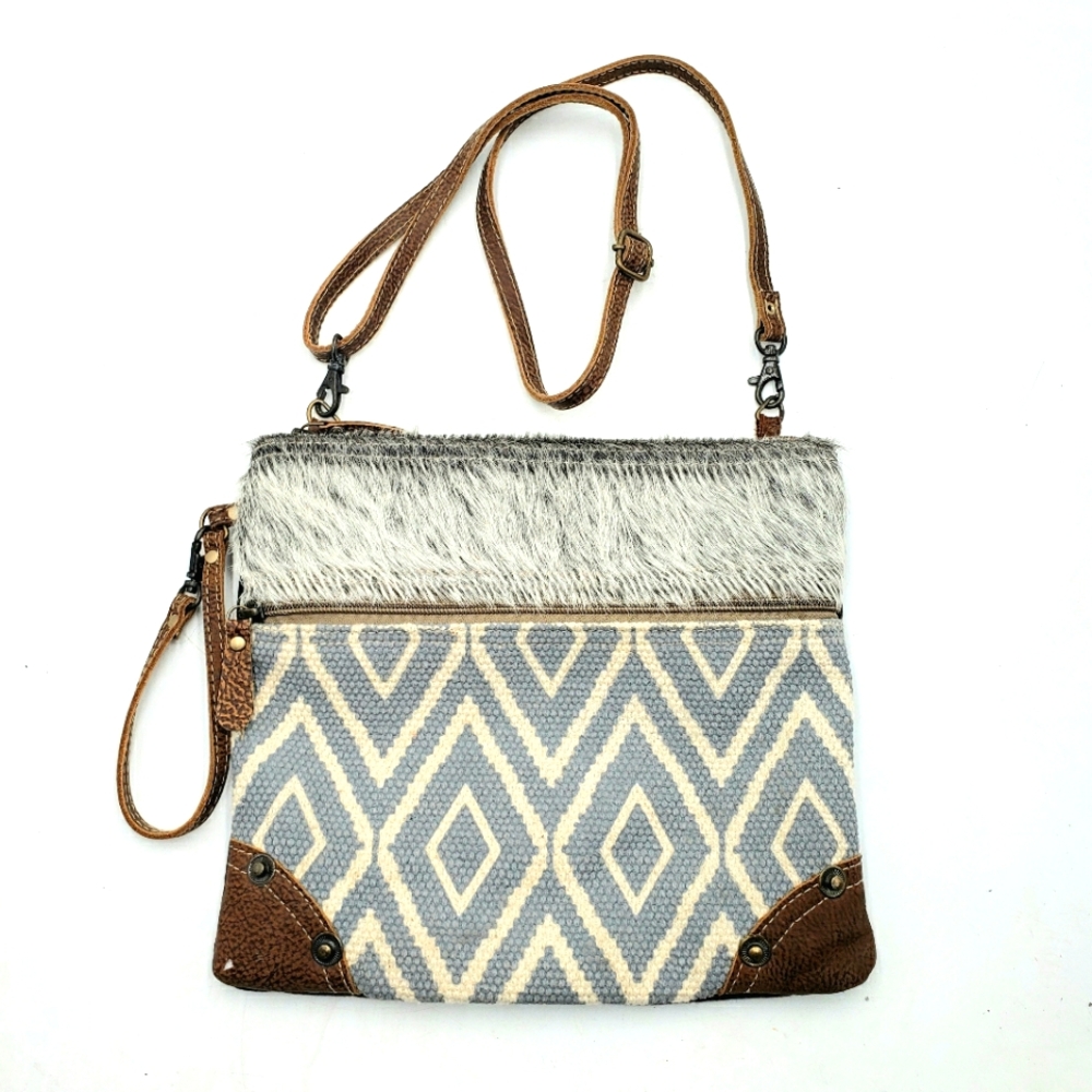 Myra Minute Crossbody Shoulder Bag Leather Canvas Fur Diamond Grey Brown Boho